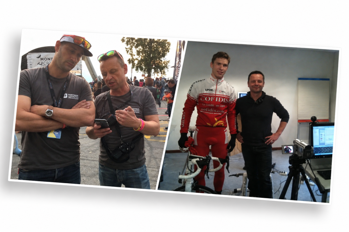 Two photographs of Yves Depallens: one during the organisation of Montreux Acrobaties and another alongside a Cofidis cycling team rider in a sports video analysis environment.