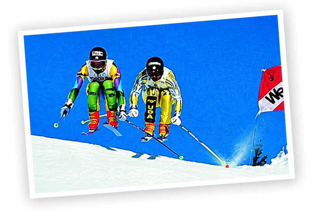 Historic image of Dartfish SimulCam technology showing two skiers superimposed on the same course to compare their performances. An iconic Swiss innovation that contributed to Dartfish's international recognition.