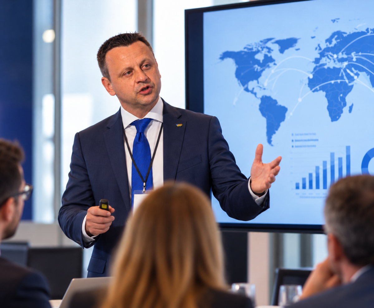 Commercial leadership: presenting international business strategies and performance indicators to a team.