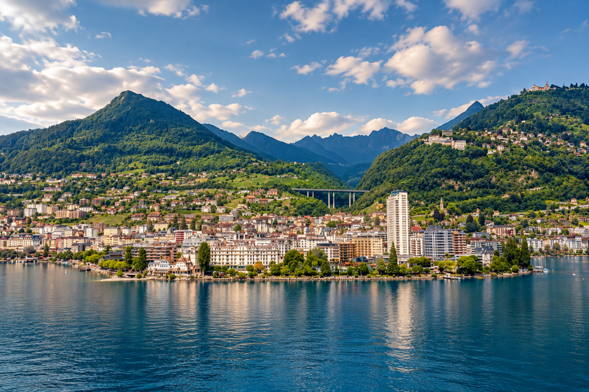 Vue panoramique de Montreux, de ses quartiers et des montagnes, depuis le lac Léman.