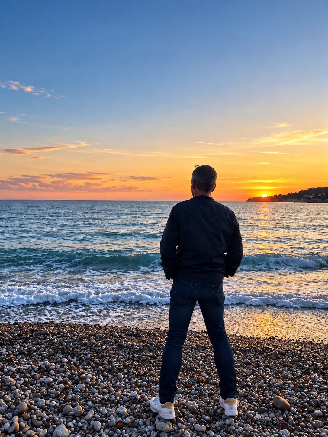 Yves Depallens, photographié de dos sur une plage de galets, contemplant la mer et l'horizon au coucher du soleil.