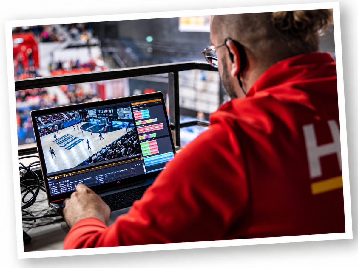 Dartfish video analysis solutions being used during a professional handball match in France, illustrating the deployment of match analysis technologies and the Dartfish TV platform with the French National Handball League.
