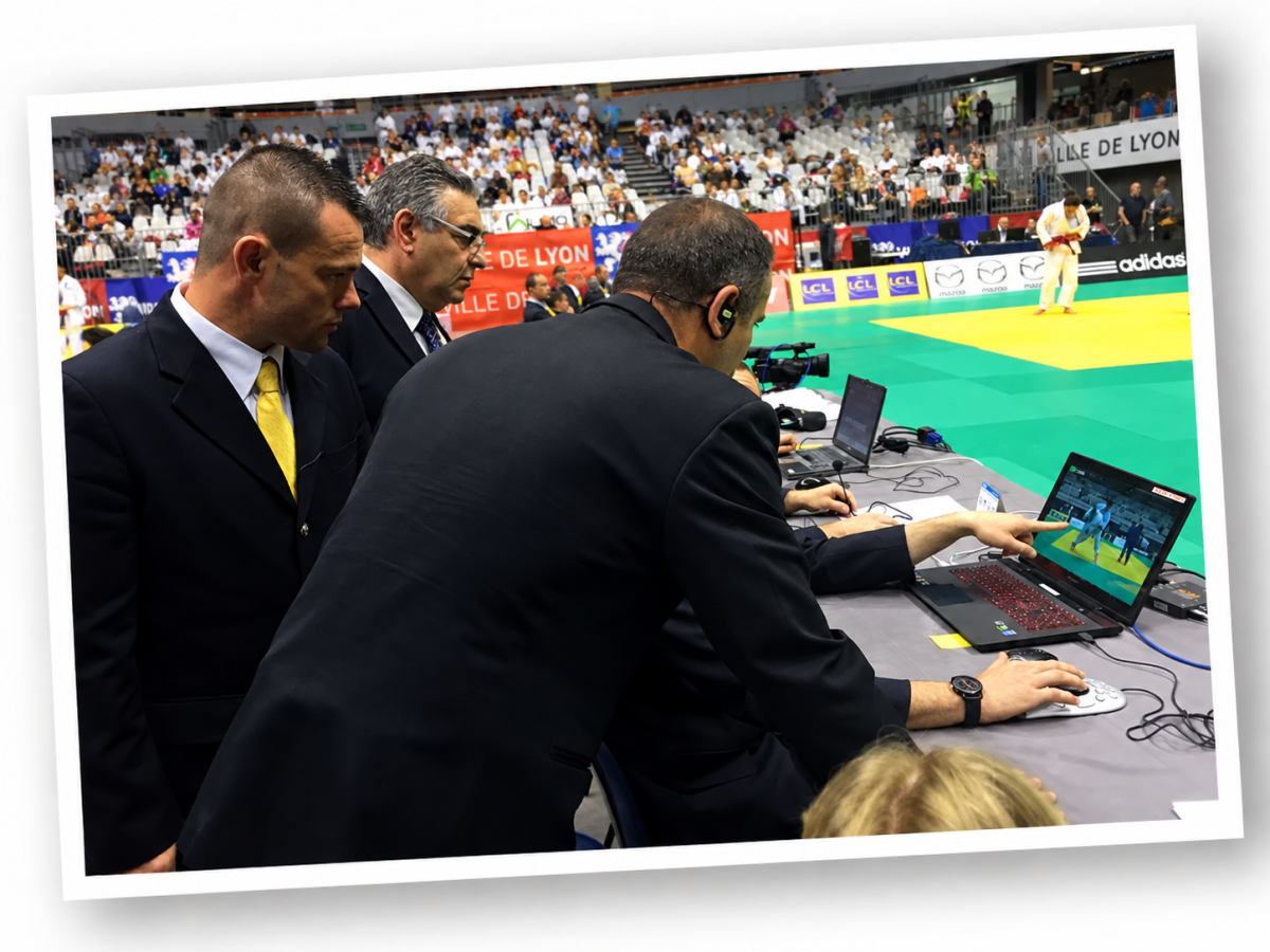 Dartfish video analysis solutions being used at an international judo competition in Lyon, enabling officials to review actions on a computer through video replay technology to support refereeing decisions.