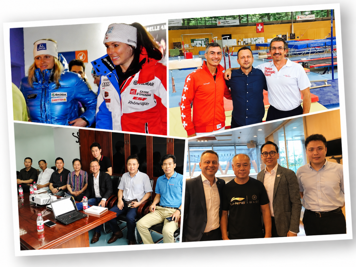 Montage of four photographs illustrating Yves Depallens' career at Dartfish: collaborations in alpine skiing, meetings with gymnastics coaches in Switzerland and business meetings in China to develop new markets and partnerships around video analysis technologies.