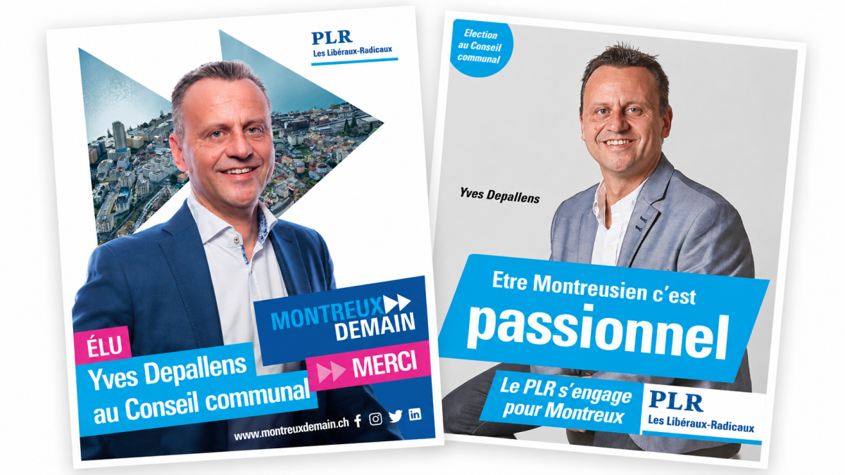 Montage of two election campaign posters featuring Yves Depallens for the Montreux Communal Council, illustrating his involvement with the Swiss Liberal-Radical Party (PLR) and the campaigns Être Montreusien, c'est… and Montreux Demain.