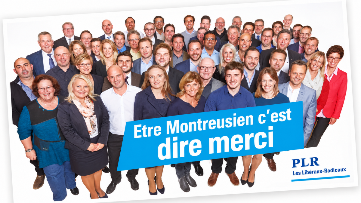 Group photograph from the 2016 PLR Montreux election campaign, illustrating the Être Montreusien, c'est… concept and collective mobilisation during the municipal elections.