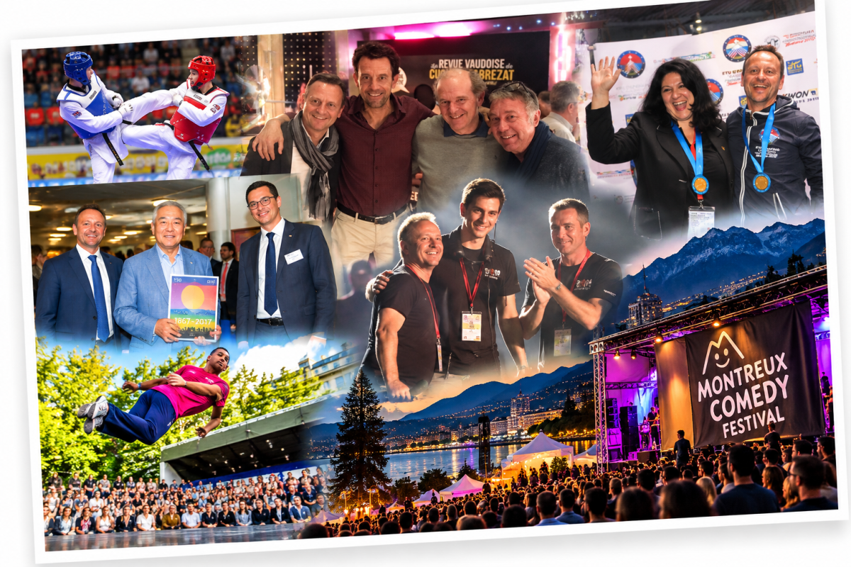 Photographic montage illustrating Yves Depallens' involvement in Montreux: meeting Olympic champion Li Ning, organising gymnastics and taekwondo events, Montreux Acrobaties and the Montreux Comedy Festival.