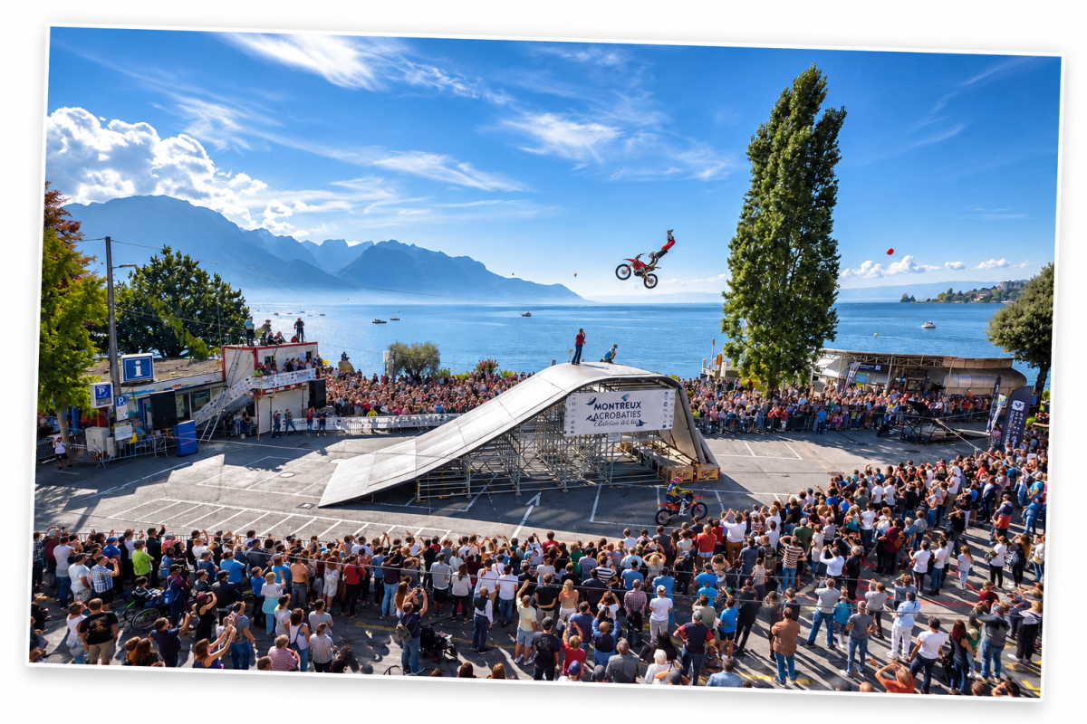 Panoramic view of Montreux Acrobaties, featuring a freestyle motocross demonstration in front of a large audience on the Montreux lakeside promenade, with Lake Geneva and the Alps in the background.